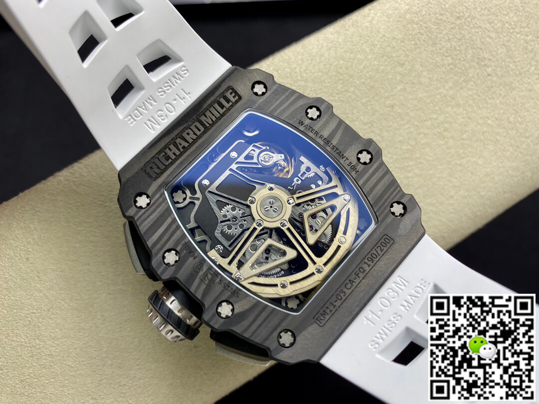 Replica Richard Mille RM011-03 1:1 Best Edition KV Factory Carbon Fiber White Strap