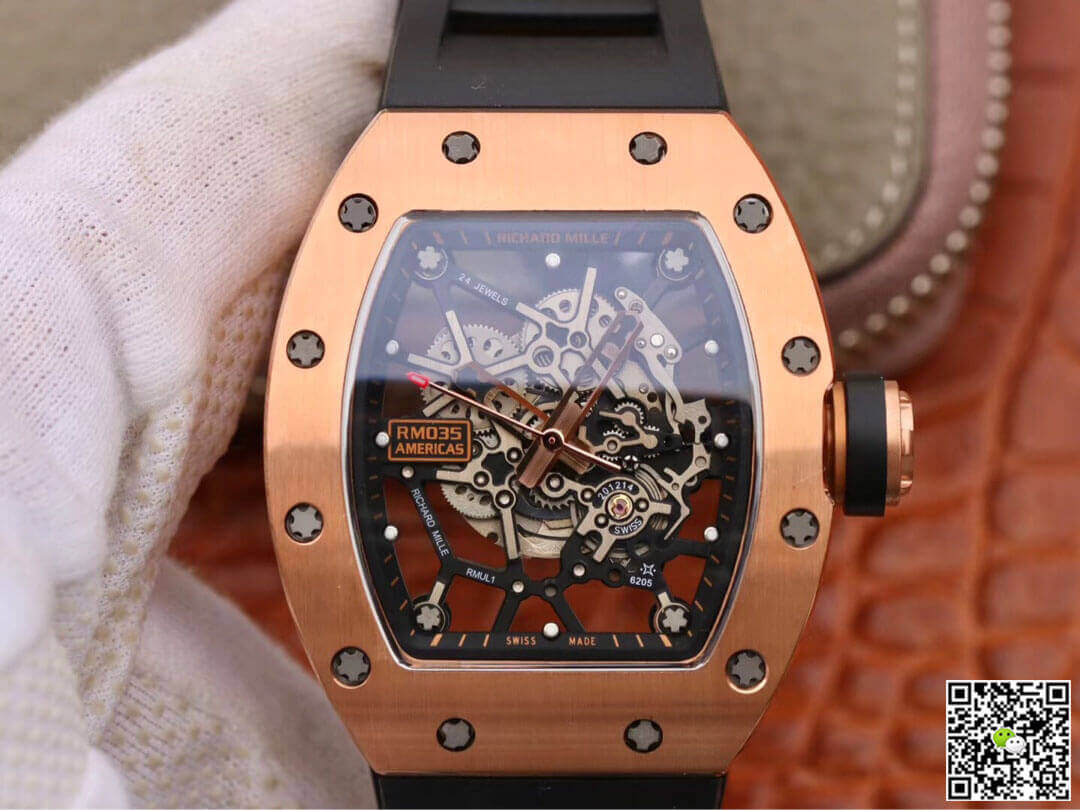 Replica Richard Mille RM035 Americas KV Factory 1:1 Best Edition Rose Gold Black Strap