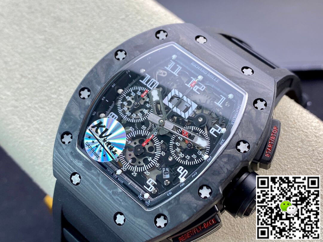 Replica Richard Mille RM011 1:1 Best Edition KV Factory Carbon Fiber Black Rubber Strap