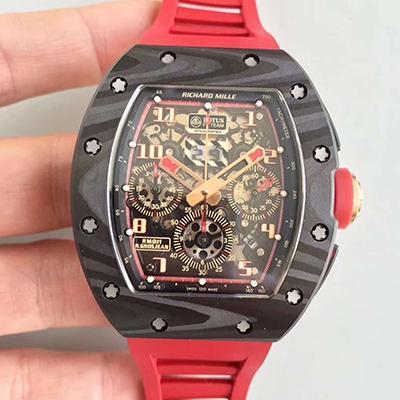 Replica Richard Mille RM011 Forged Carbon 1:1 Best Edition Swiss ETA7750 Red Rubber Strap