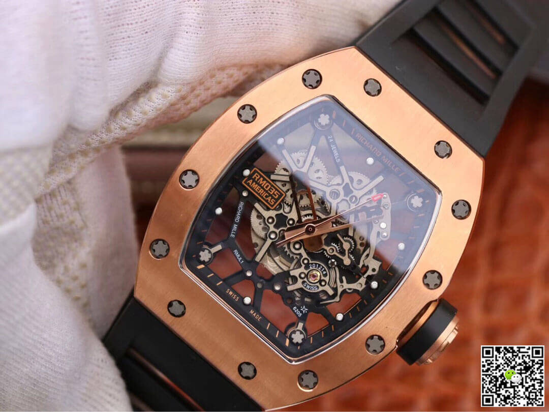 Replica Richard Mille RM035 Americas KV Factory 1:1 Best Edition Rose Gold Black Strap