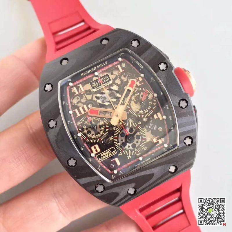 Replica Richard Mille RM011 Forged Carbon 1:1 Best Edition Swiss ETA7750 Red Rubber Strap