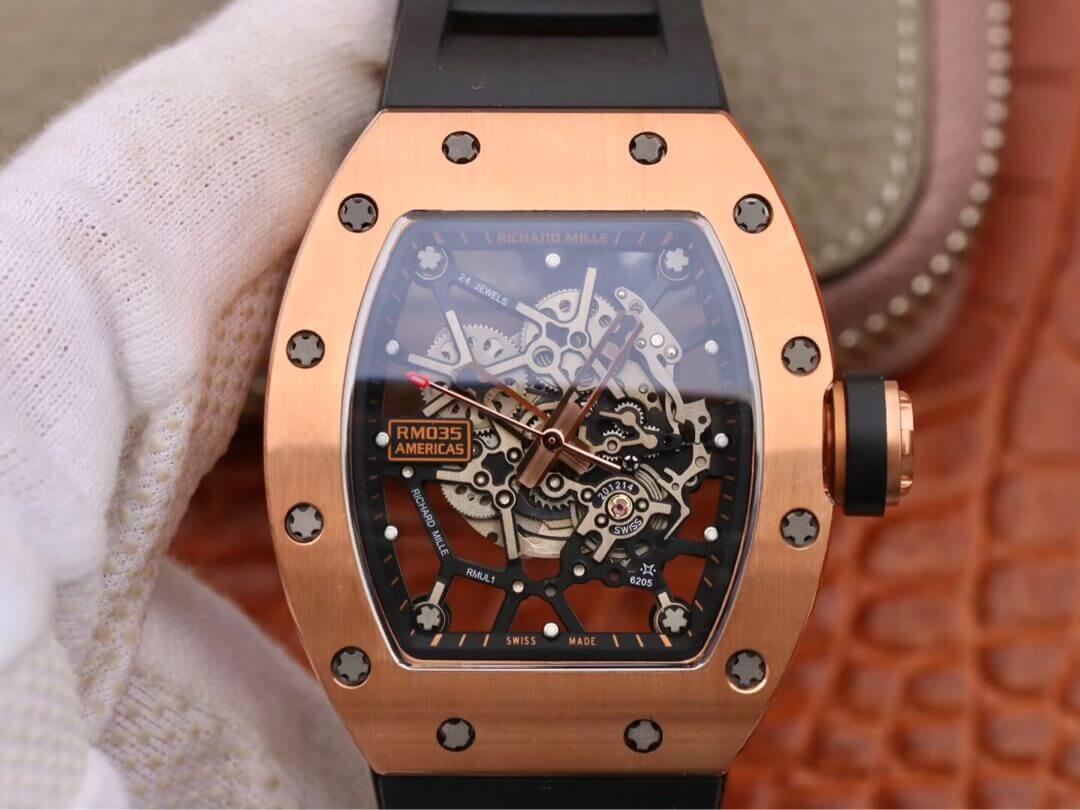 Replica Richard Mille RM035 Americas KV Factory 1:1 Best Edition Rose Gold Black Strap