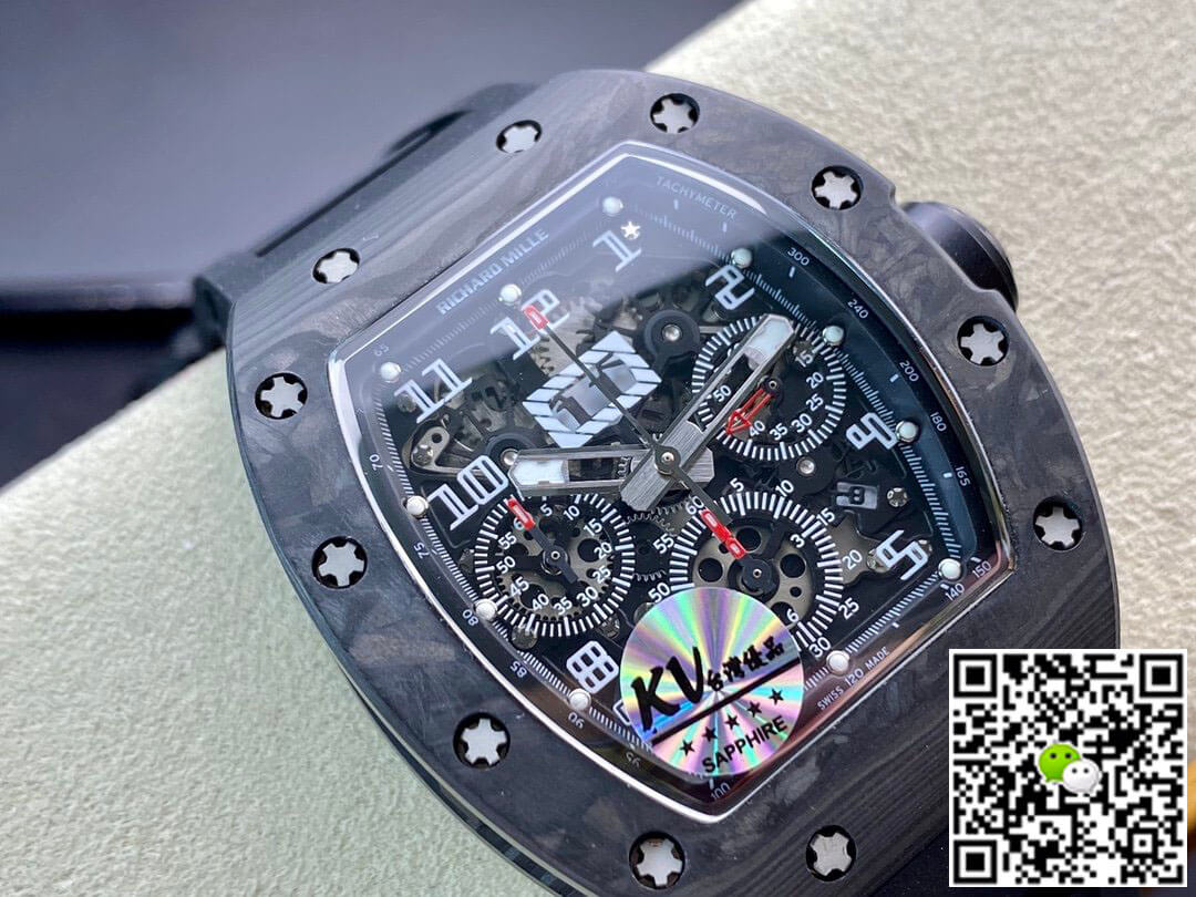 Replica Richard Mille RM011 1:1 Best Edition KV Factory Carbon Fiber Black Rubber Strap