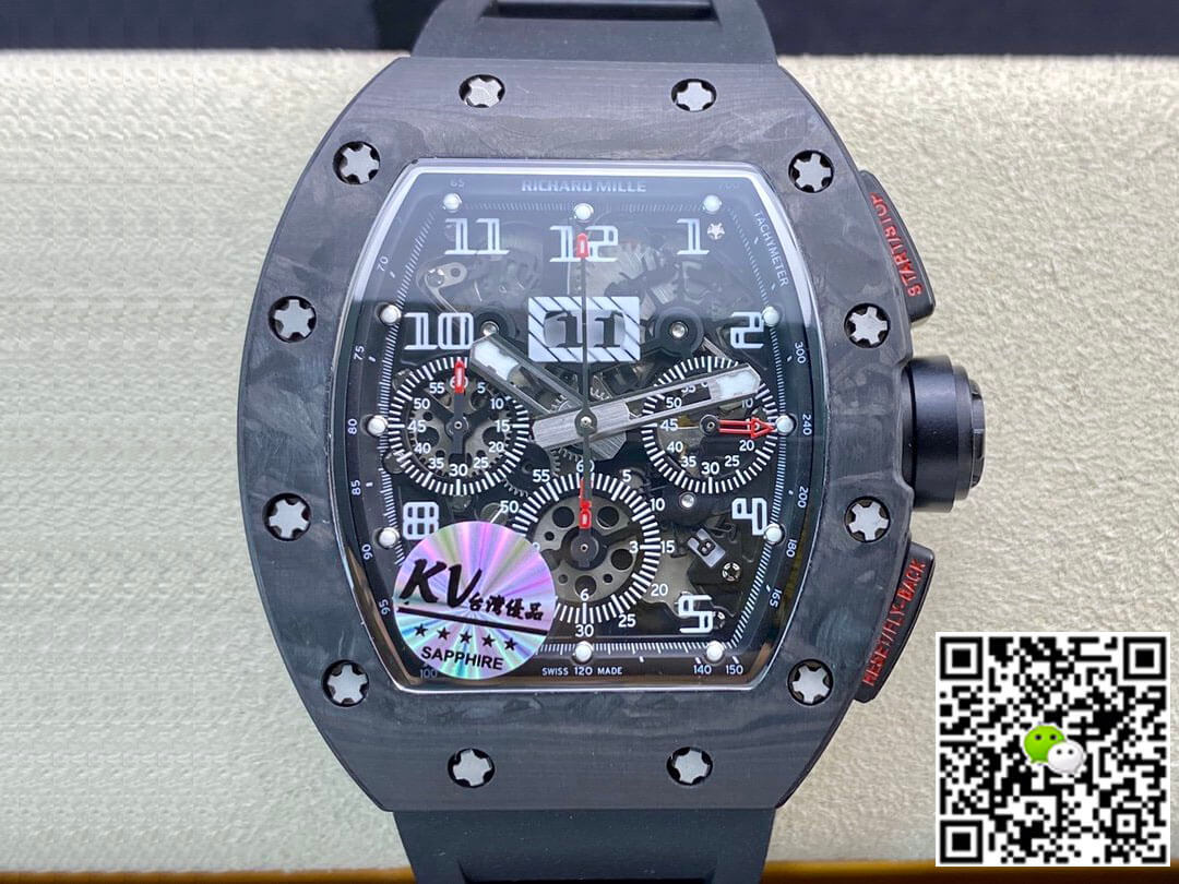Replica Richard Mille RM011 1:1 Best Edition KV Factory Carbon Fiber Black Rubber Strap