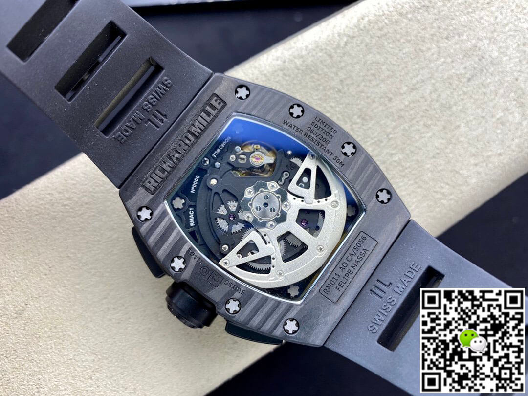 Replica Richard Mille RM011 1:1 Best Edition KV Factory Carbon Fiber Black Rubber Strap