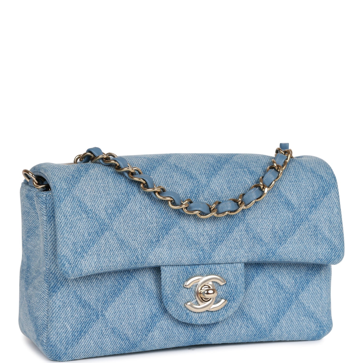 Blue Quilted Denim Rectangular Mini Flap Bag Gold Hardware