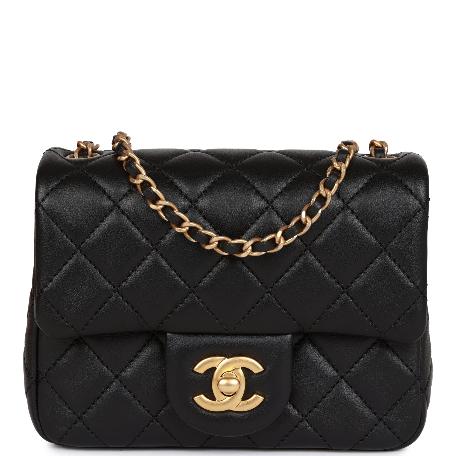 CC Pearl Crush Mini Square Flap Bag Black Lambskin Antique Gold Hardware