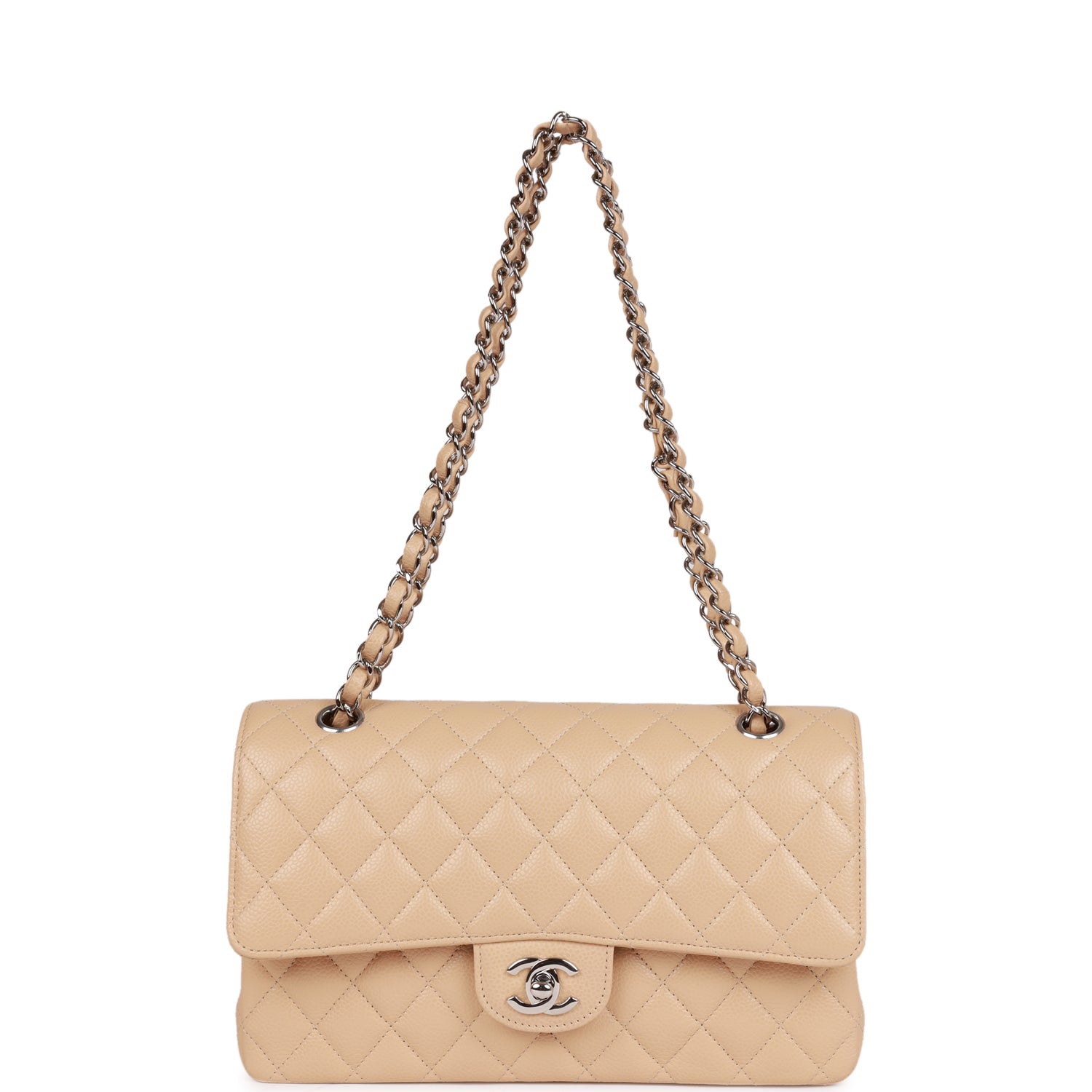 Medium Classic Double Flap Bag Beige Caviar Silver Hardware