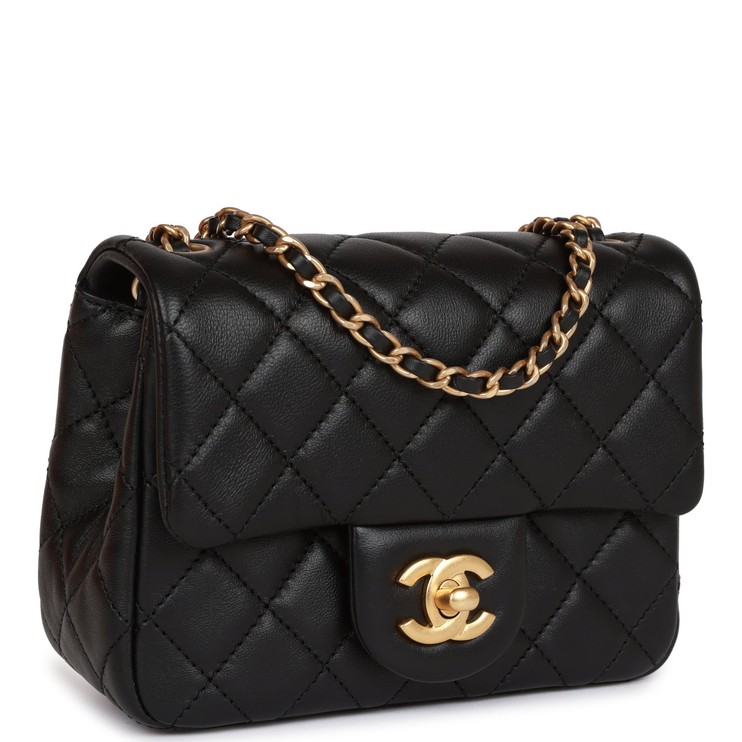 CC Pearl Crush Mini Square Flap Bag Black Lambskin Antique Gold Hardware