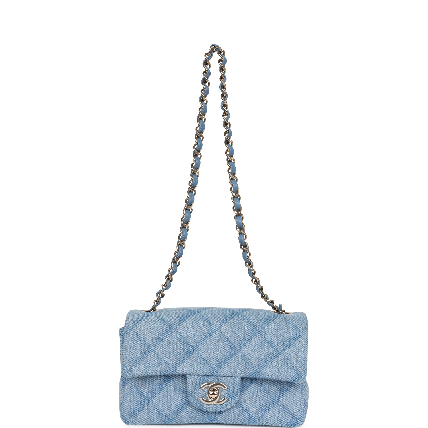 Blue Quilted Denim Rectangular Mini Flap Bag Gold Hardware