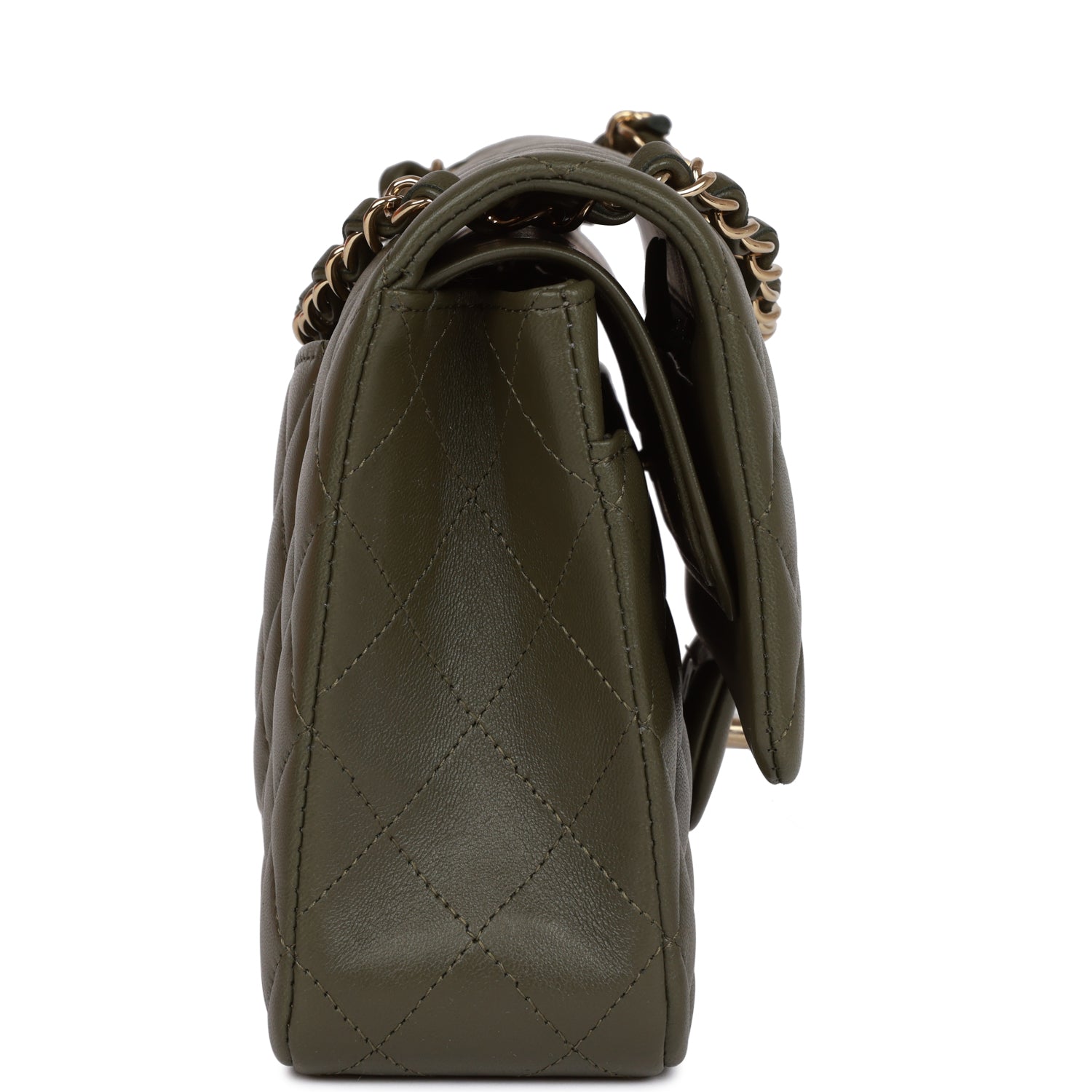 Ch**el Medium Classic Double Flap Bag Olive Calfskin Light Gold Hardware