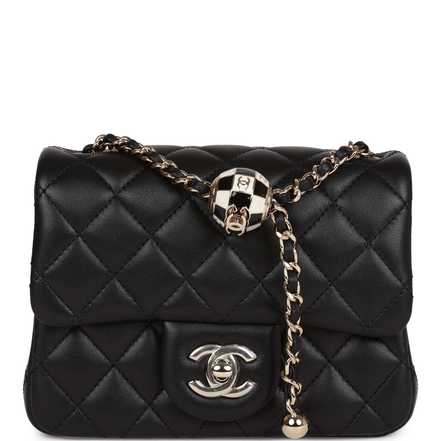 Pearl Crush Mini Square Flap Bag Black Lambskin Light Gold Hardware
