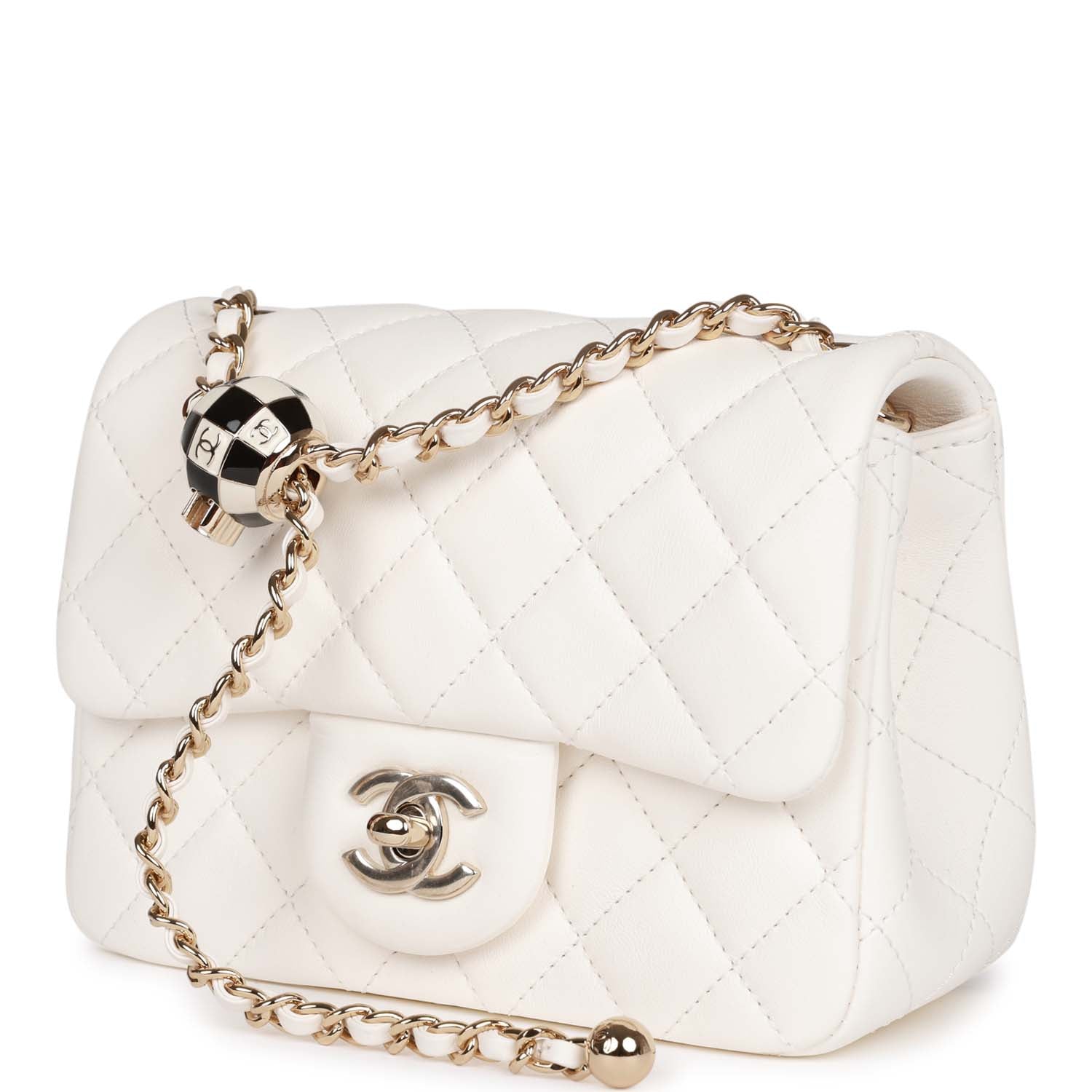Pearl Crush Mini Square Flap Bag White Lambskin Light Gold Hardware