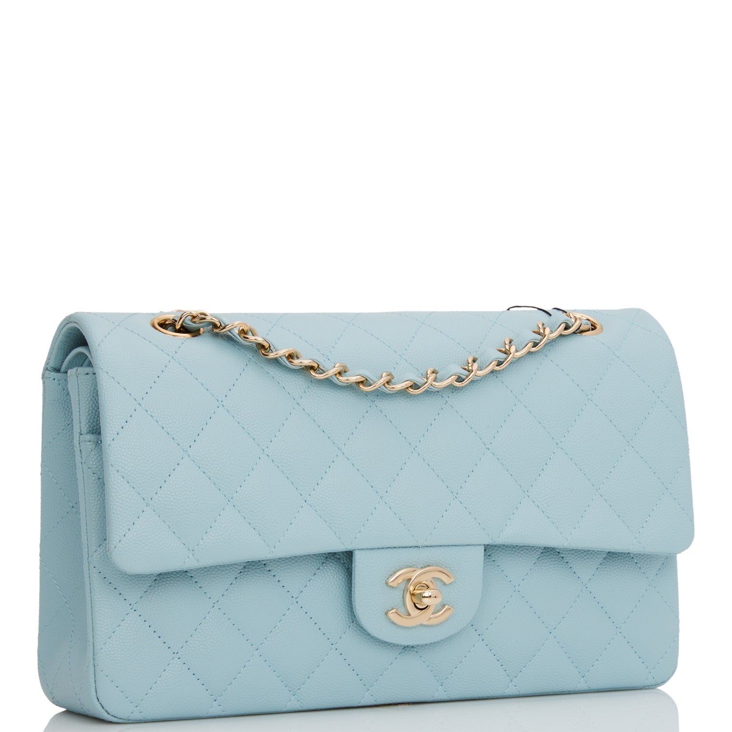 Medium Classic Double Flap Bag Blue Quilted Caviar Light Gold Hardware