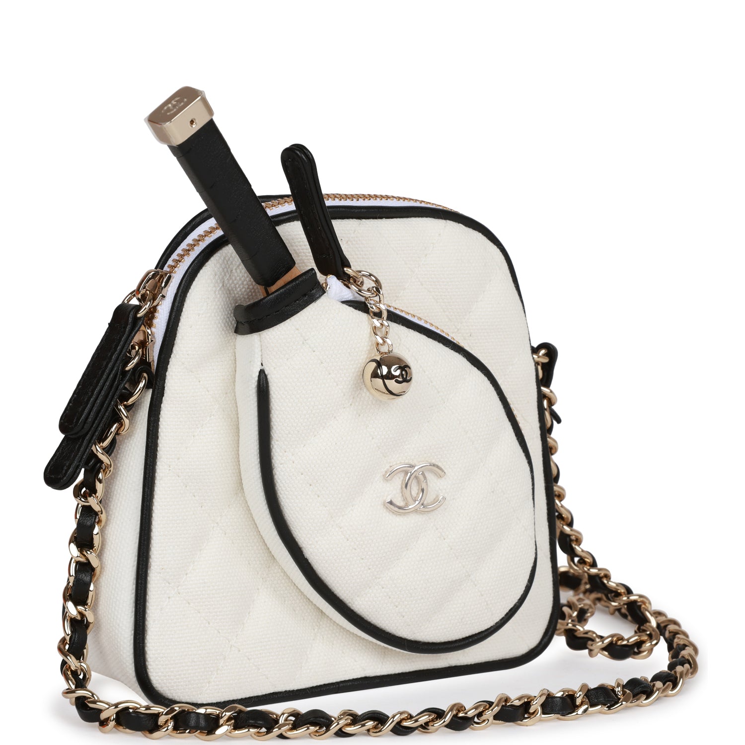"Monte-Carlo" Mini Crossbody Tennis Bag White Canvas Light Gold Hardware