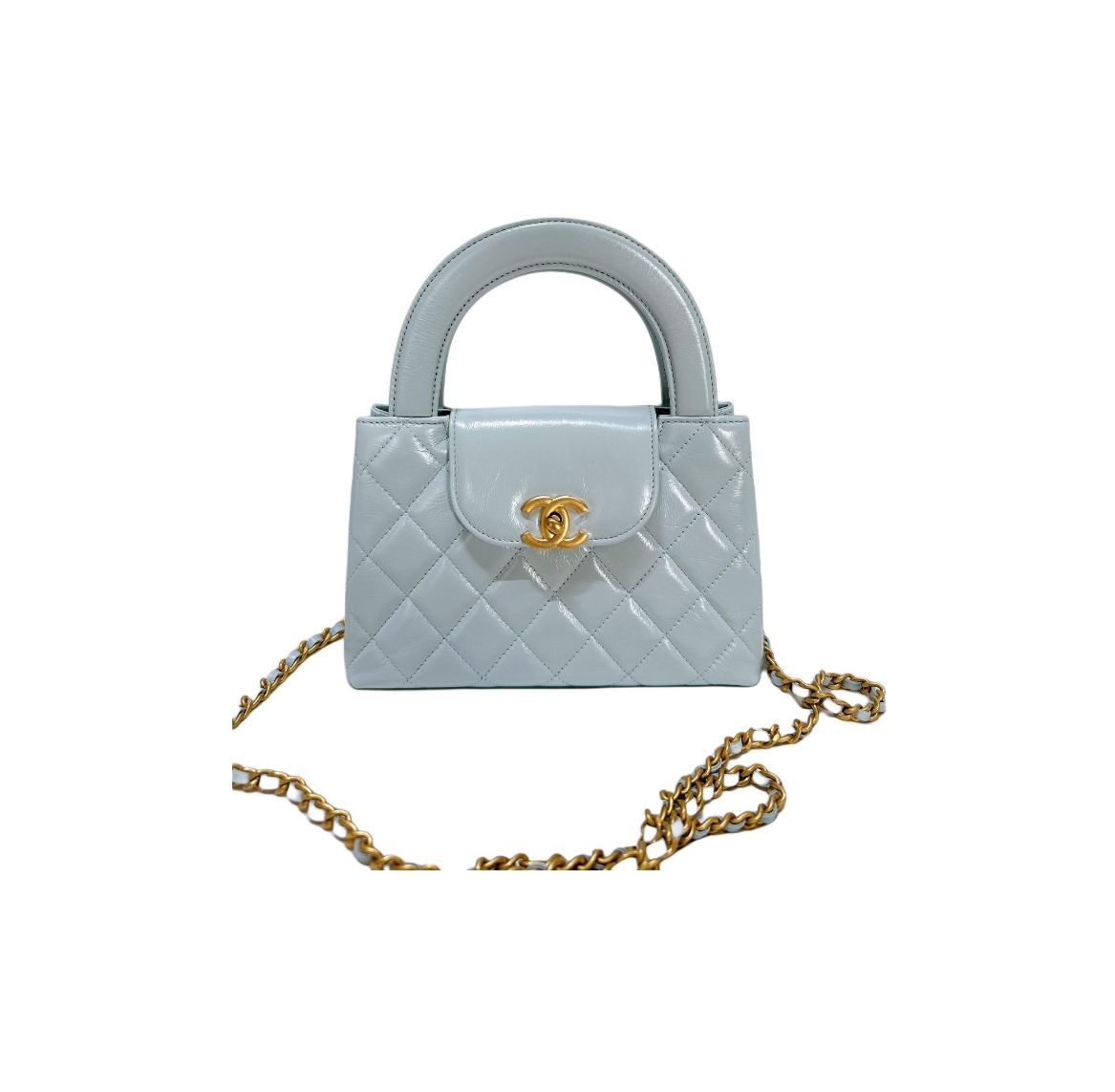 Ch**el 24P Kelly Gold Label Chain with Handle Glossy Calfskin Crossbody Shoulder Handbag Mint Teal