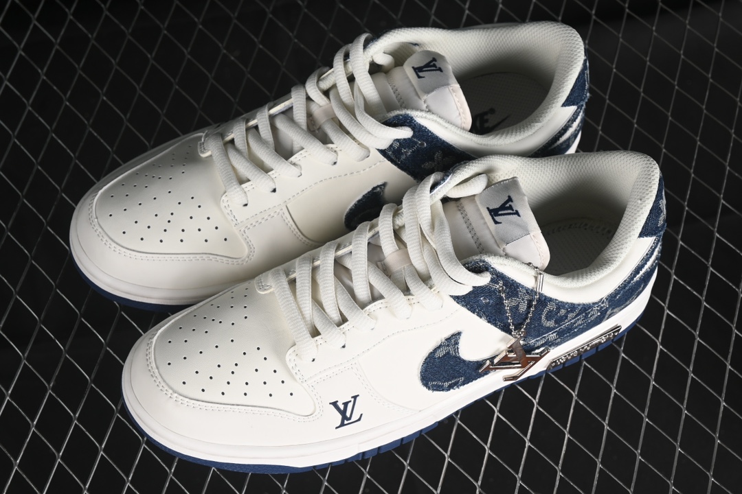 Nike SB Dunk Low LV co-branded - navy blue denim, off-white and blue swoosh Anniversary high-end customized low-top casual sneakers replica