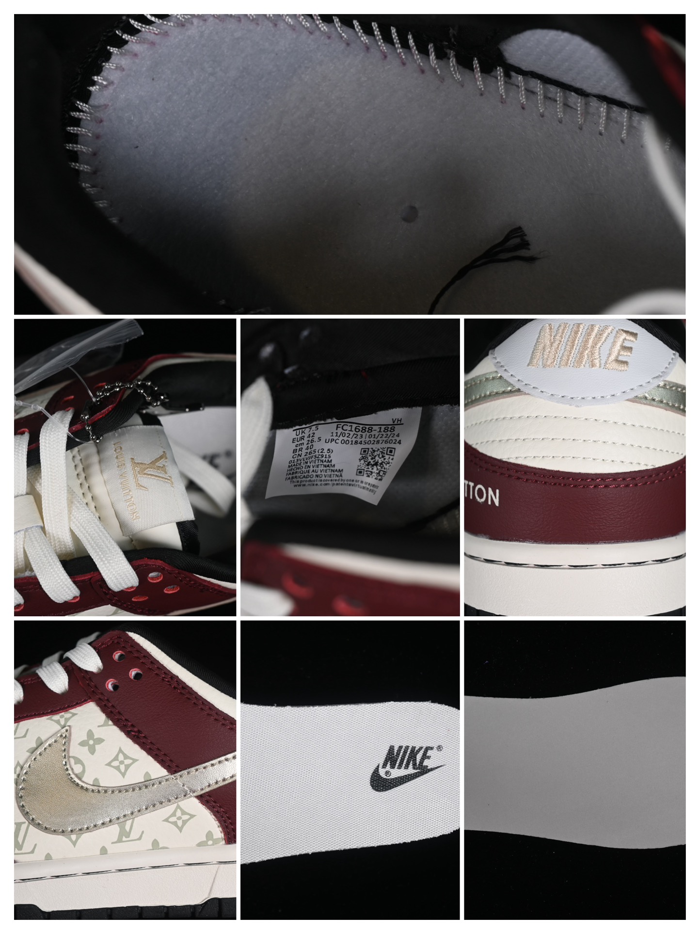 L0vis Vvtt0n x Nike Dunk Low joint custom-burgundy silver hook SB low-top casual sneakers