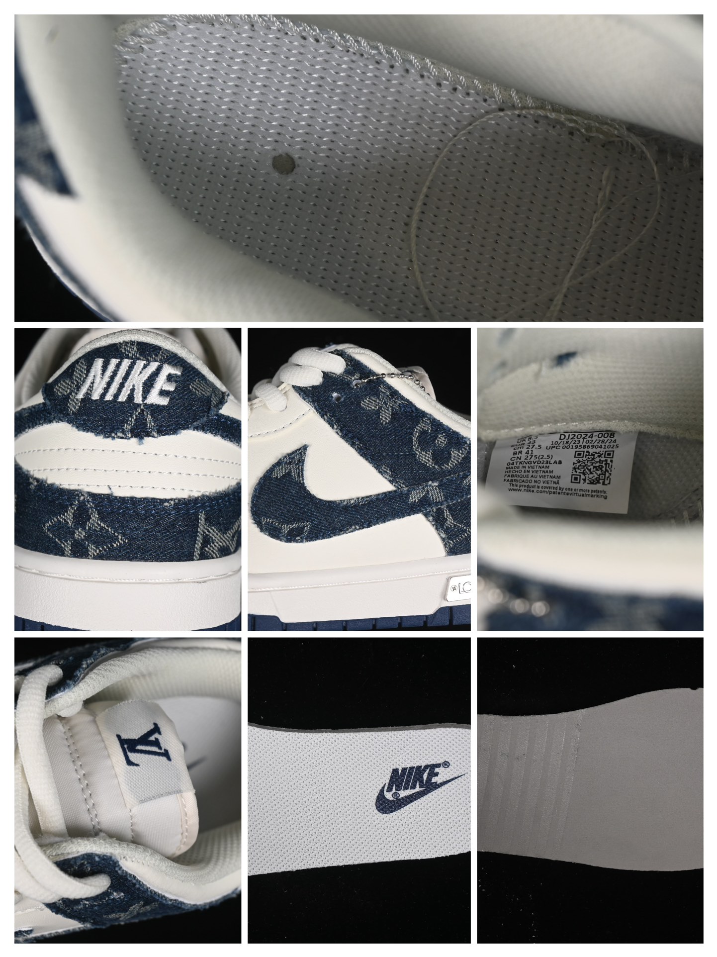 Nike SB Dunk Low LV co-branded - navy blue denim, off-white and blue swoosh Anniversary high-end customized low-top casual sneakers replica