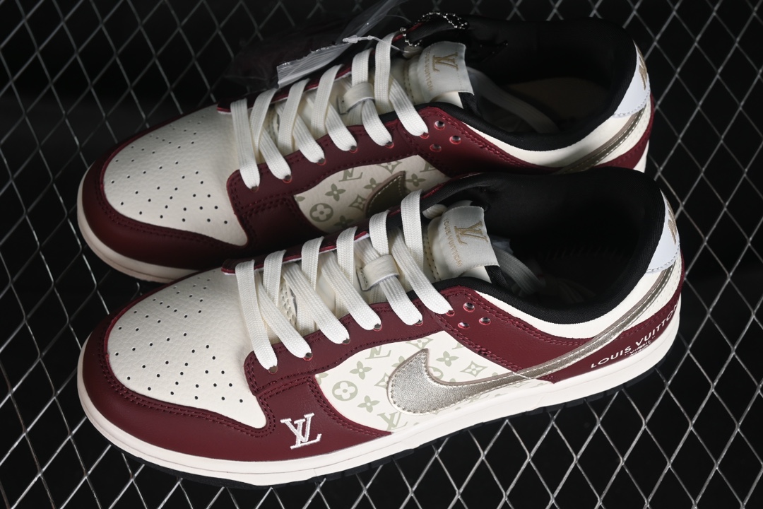 L0vis Vvtt0n x Nike Dunk Low joint custom-burgundy silver hook SB low-top casual sneakers