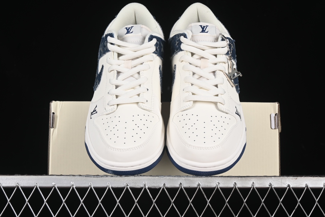 Nike SB Dunk Low LV co-branded - navy blue denim, off-white and blue swoosh Anniversary high-end customized low-top casual sneakers replica