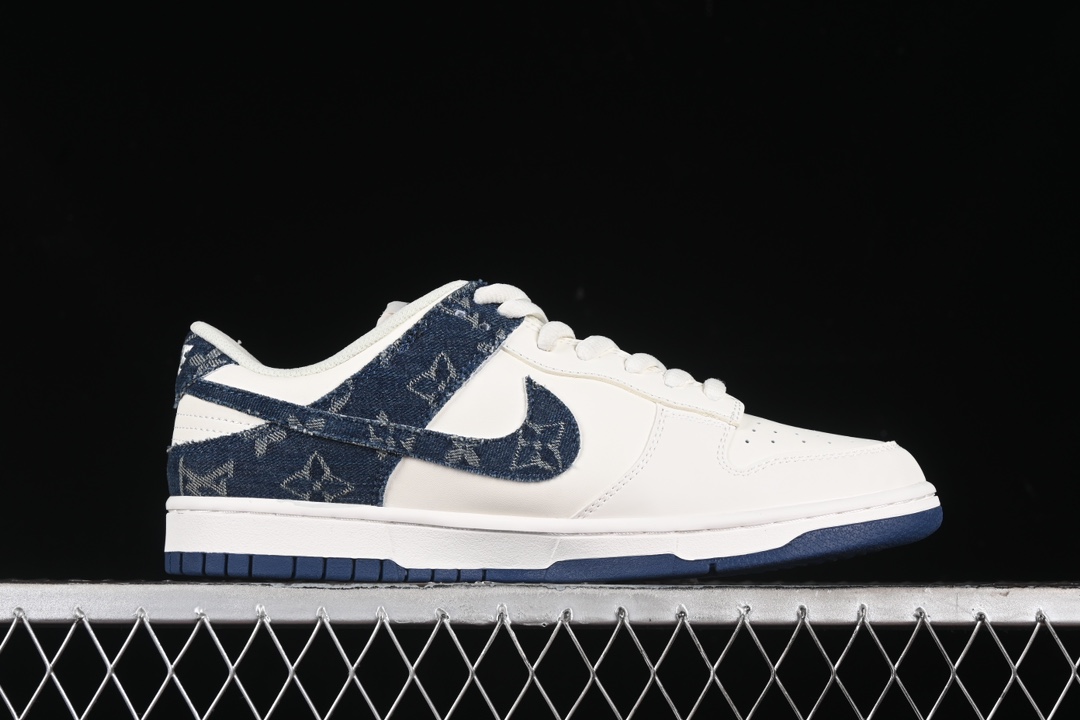 Nike SB Dunk Low LV co-branded - navy blue denim, off-white and blue swoosh Anniversary high-end customized low-top casual sneakers replica