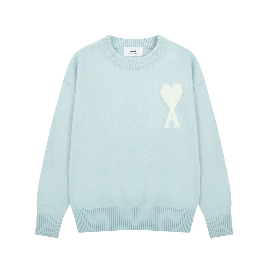 AMI Paris 2024 Autumn and Winter New Collection: Big Heart Alpaca Blend Soft Waxy Knitted Round Neck Cloud Sweater (Oversize Unisex Style)