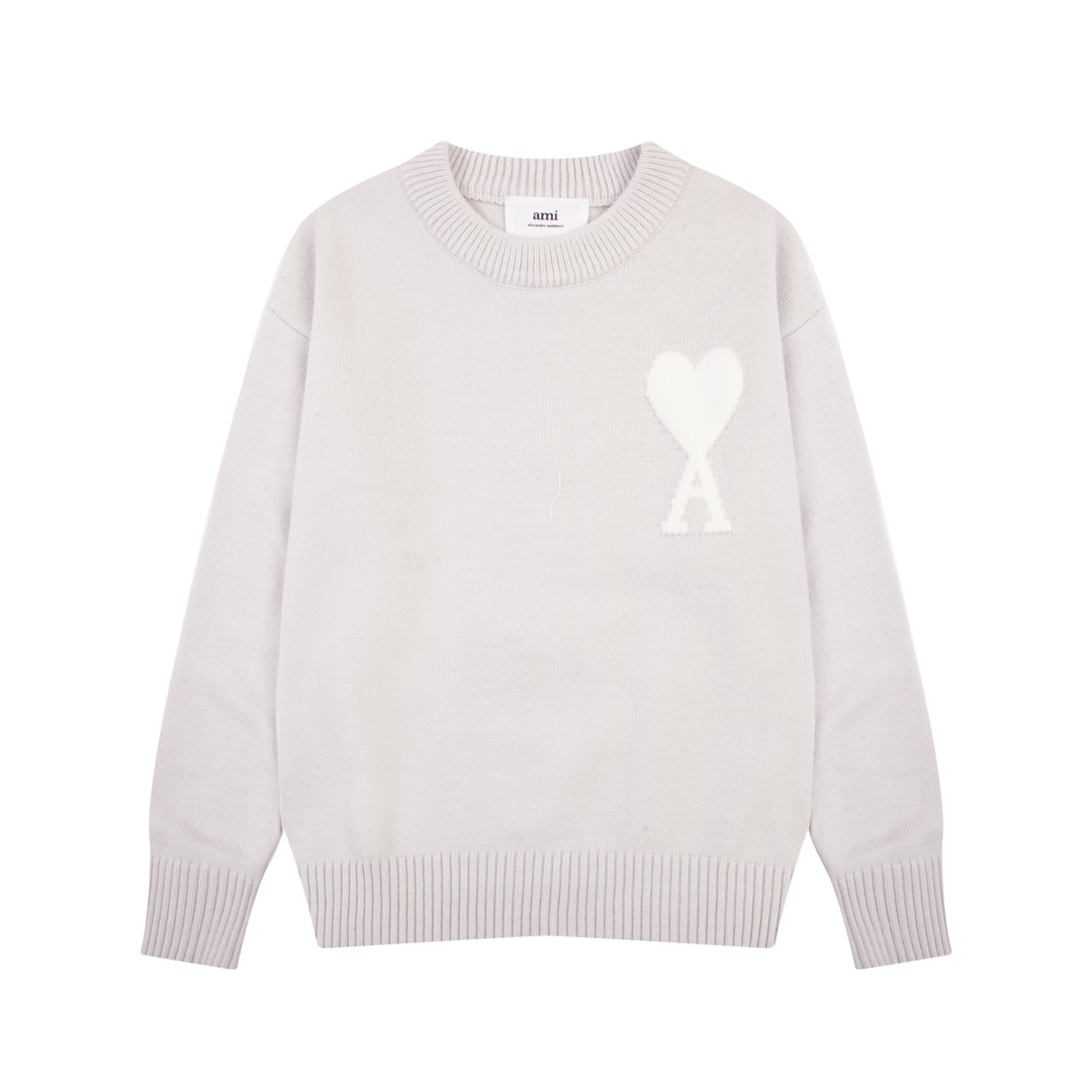 AMI Paris 2024 Autumn and Winter New Collection: Big Heart Alpaca Blend Soft Waxy Knitted Round Neck Cloud Sweater (Oversize Unisex Style)