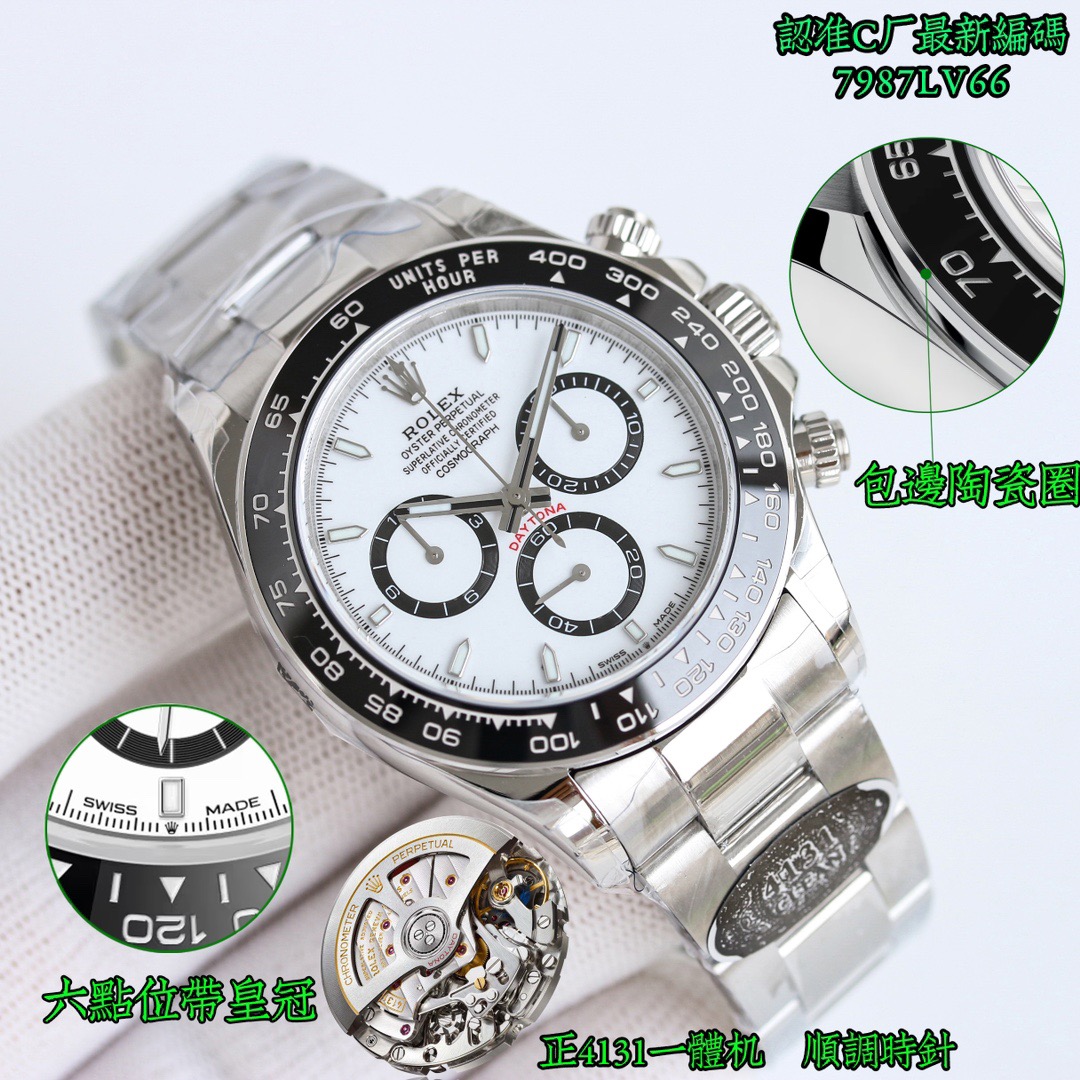 R01ex Stainless Steel Ceramic Chronograph Watch – White Dial / Black Bezel